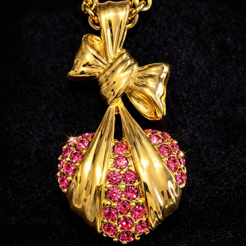 Alana Stewart vintage hot pink crystal heart bowtie pendant necklace gold chain